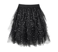 TRIWORKS Sparkly Black Tulle Skirt Women Irregular Elastic High Waist Layered Mesh Tulle Tutu Midi A-line Fairy Skirt Halloween Prom Party Ballet Bubble L
