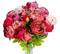 TRIXES 13PCS Silk Peony Bouquet - Artificial Silk Flowers - Pinks & Reds | Ideal for Home Décor, Wedding Bouquets, and Interior Design - Realistic Look - Flexible, Wired Stems and Foliage