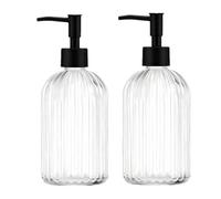 TRIXES 2-Pack Ribbed Glass Soap Dispensers, Matte Black Finish, 400 ml | Refillable Bathroom Bottles with Silicone Funnel - Stylish Hand Soap & Lotion Dispenser Set - Home Décor Accessory