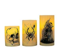 TRIXES 3 x Halloween Flameless Pillar Candles LED - Skull, Spider and Crow - Battery Powered - Halloween Party Decorative Accessories