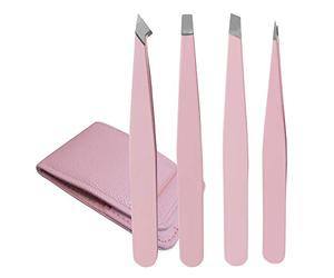 TRIXES 4 Piece Set of Eyebrow Tweezers - Assorted Pointed and Slanted Tips - with Protective Case for Stainless Steel -for Professional - Precision Hair Plucking
