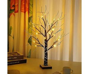 TRIXES Brown Light Up Artificial Tree - Christmas Easter Halloween Decorations - Indoor Table Lamp Decoration - Battery Powered Ornament - Wooden Birch & White Snow Effect - LED Lights on Twigs