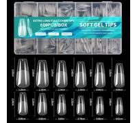 TRIXES Extra-Long Flexible Acrylic Nail Extensions - Coffin Shape, Clear, 12 Sizes - 600 PCS - Ideal for Salon or Home Use