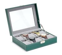 TRIXES Green Leather Look Watch Case 10 Slot - Watch Organizer with Glass Display Window - Lockable Box with Removable Pillow Pads