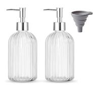 TRIXES Ribbed Glass Soap Dispenser Bottles, 2-Pack, Chrome Finish, 400ml with Silicone Funnel