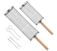 TRIXES Rotating BBQ Grilling Baskets 2-Pack - BBQ Accessories | Outdoor Cooking Essential - 304 Stainless Steel - w/Removeable Wooden Handles and Accessories - Gift Idea for Foodies