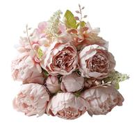 TRIXES Silk Peony Bouquet - Peach - Artificial Flowers with foliage for Indoor Arrangement - 13 Blooms