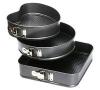 TRIXES Spring Form Cake Tin, Set of 3, Heart Square Round Shapes with Loose Base, Quick Release Springform Shapes, Great for Sponge Cakes and Cheesecakes, Baking Accessories, Cooking Tin