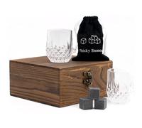 TRIXES Whiskey Glasses Gift Box - 2 Glass Set with Stones & Coasters | Scotch Whiskey Tasting Set - Faceted Cut Crystal Style Glasses - Protective Wooden Gift Box - Cooling Stones with Suede Bag