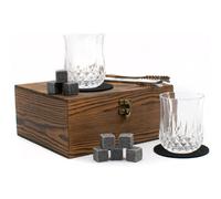 TRIXES Whiskey Glasses Gift Box - 2 x Glasses, Whisky Stones & Coasters | Includes: 8 Granite Whisky Stones in Velvet Bag, Stainless Steel Tongs and 2 Coaster - Gift Ideas for Experts and Enthusiasts