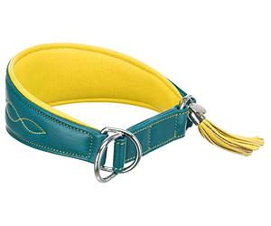 TRIXIE Active Comfort Greyhound Collar Size S-M: Neck Circumference 33-42 cm/60 mm in Petrol/Yellow Extra Wide Dog Collar for Small to Medium Dogs, Protects the Throat Area, Lined, 18968