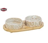 Trixie Ceramic Double Dog Bowls with Bamboo Holder Food Water 2x300ml