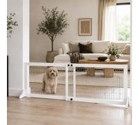 TRIXIE Freestanding Pet Gate with Pet Door, Wood and Wire, Adjustable Width, 22.5 in Height, White