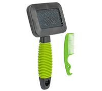 TRIXIE soft brush for grooming top coat & undercoat - soft metal bristles - with brush cleaner - rubberised handle - black/green - 7 x 13 cm - 6288