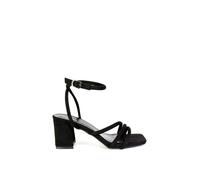 'Trixie' Square Toe Buckle Up Ankle Strappy Mid Block Heel Sandals XY London Jet Black 7