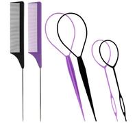 TRKETK 2 Pcs Ponytail Pull Through Hair Hoop Tool, Ponytail Holders French Braid Loop Tool with Rat Tail Comb Fast Hair Styling Accessories Rat Tail Comb for Braid, Making Women Style (2 Colors)