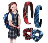 TRKETK 2 Pcs Tartan Headband, Fabric Headband with Tartan Scrunchies Hair Vintage Alice Band Hair Plaid Elastic Padded Headbands Scottish Checkered Hairband for Women Girls (Red + Blue)