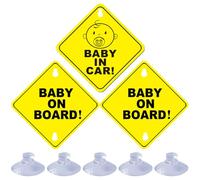 TRKETK 3 Pcs Baby on Board Sign for Car with Suction Cups, 5 x 5 in Safety Waterproof Baby on Board Car Accessories Sign Reusable Kids on Board Car Sticker Warning