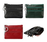 TRKETK 3 Pcs Coin Purse with Keychain, Leather Coin Purse Change Wallet Compartments & Keychain Small Wallet for Credit Card Folded Bills (Green + Black + Red)