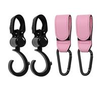 TRKETK 4 Pack Pram Hook Clips, Leather Style Pushchair Hooks 360 Degree Swivel Baby Pushchair Hooks Heavy Duty Stroller Hook Clips Universal Buggy Clips for Backpack Diaper Bag Handbag (Pink+Black)