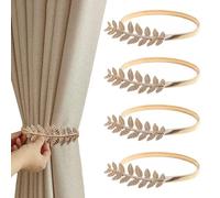 TRKETK 4 Pcs Curtain Tie Backs, Gold Curtain Holdbacks Creative Leaf Curtain Tieback Curtain Clips Rope Adjustable Gold Leaf Curtain Tie Backs for Home Hotel Bedroom Office (Golden Leaves)