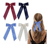 TRKETK 4 Pcs Ruffled Ribbon Bows for Hair Clips with Long Silky Satin Solid Color Satin Ruffle Bow Clip Cute Ribbon Simple Fastener Accessories for Hair Styling Women Girls (4 Colors)