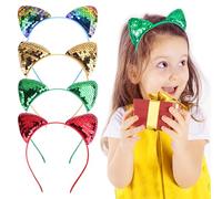 TRKETK 4 Pieces Cat Ear Hair Hoops, Girls Metal Sequin Cat Ears Headband Hair Hoop Shiny Sequin Cute Kitty Headband Cat Ears Headbands Set for Women Girls Party Daily Wear Decoration