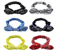 TRKETK 6 Pieces Elastic Paisley Bandanas, Boho Knot Retro Headbands Wide Adjustable Hair Bow Decor Cute Rabbit Ear Headwraps Accessories for Girls and Women Yoga Makeup Sports Carnival Daily Wear