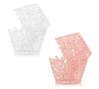 TRKETK 60 Pcs Cupcake Wrappers, Lace Cupcake Liners Artistic Bake Cake Paper Cups Pearl Lace Filigree Wedding Cupcake Wrapper Laser Cut Cupcake Cases for Birthday Wedding Party (White+Pink)