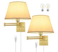 TRLIFE Dimmable Wall Sconce Plug in, Brushed Brass Wall Sconces Set of 2 Swing Arm Wall Lights with Plug in Cord and Dimmer On/Off Knob Switch, 11.8" Large White Fabric Shade(2 LED Bulbs Included)