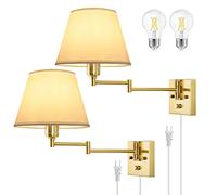 TRLIFE Wall Sconce Plug in, Brushed Brass Dimmable Wall Sconces Set of 2 Swing Arm Wall Lights with Plug in Cord and Dimmer On/Off Knob Switch, 9.4" Medium White Fabric Shade(2 LED Bulbs Included)