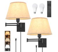 TRLIFE Wall Sconce Plug in, Remote Control Dimming 10-100% and Adjustable Color Temperature 2700K-6500K Swing Arm Wall Lights with Plug in Cord, 11.8" Large Beige Fabric Shade(2 Pack, 2 Bulbs)
