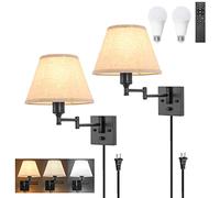 TRLIFE Wall Sconce with Remote Control, Dimming 10%-100% and Adjustable Color Temperature 2700K-6500K Swing Arm Wall Lights with Plug in Cord, 9.4" Medium Beige Fabric Shade(2 Pack, 2 Bulbs Included)