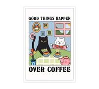 TRLZHOA Retro Good Things Happen Over Coffee Posters Black White Cat Espresso Caffeine Drink Art Cute Pet Kitten Animal Flowers Vase Cartoon Prints For Home Bedroom Dorm Wall Decor 12x16in Unframed
