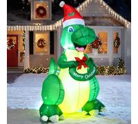 TRMESIA 5FT Dinosaur Indoor Outdoor Christmas Inflatable Decorations, Bright LED for Garden Yard Lawn Xmas Blow up Decor, Santa hats and Christmas Wreaths.