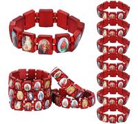 Trnayi 12 Pcs Devotional Catholic Religious Wood Stretch Bracelets Wooden Jesus Virgin Mary Bracelets with Images of Christian Saints Rosary Religious Saints Jesus Gift for Women Men, 0.79 inch/ 2 cm