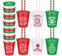 Trnayi 12 Pieces Plastic Shot Glass Necklaces, Christmas Themed Shot Glasses with Snowman, Snowflake, Santa, Gingerbread Man Designs, 6 Styles