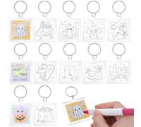 Trnayi 24 Pcs Halloween Craft DIY Acrylic Color Your Own Keychains Bulk Halloween Ghost Pumpkin Witch Hat Haunted House Keychains Paper Crafts Gifts Kit for Party Favor Gifts Activities