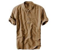 TrndTrsure Hemp Cotton Button Down Shirt for Men Linen Henry Hippie Beach T Shirt T Shirt with Work Button Big and Top, Brown -1 item, 3XL