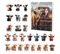 Trochate Christmas Calendar Advent Highland Cow 24 Days - Advent Countdown Calendar 2D Acrylic Cute Highland Cow Ornaments | Cattle Ornaments for Window Car Rearview Mirror Wall Door Christmas Tree