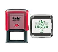 Trodat 4927 Personalised Christmas Card Message/Label Self Inking Rubber Stamp Christmas Tree Reindeer & Merry Christmas in Green Ink with 2 Lines of Customised Text