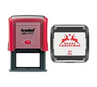 Trodat 4927 Personalised Christmas Card Message/Label Self Inking Rubber Stamp Merry Christmas Reindeer Design in Red Ink with 2 Lines of Customised Text