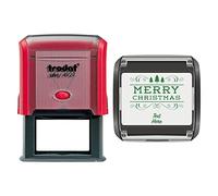 Trodat 4927 Personalised Christmas Card Message/Label Self Inking Rubber Stamp Merry Christmas & Tree in Green Ink with 2 Lines of Customised Text