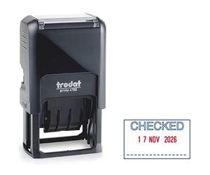 Trodat Printy 4750 Dater Stamp with English Phrase CHECKED - Self Inking, Red Ink Date and Blue Text black,Small