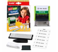 Trodat Stamp Your Things for Children, Stamp Set to Design Yourself - 3 Lines, German, Self-Inking Textile Stamps Machine Washable, 38 x 14 mm, Black Imprint, Includes Accessories