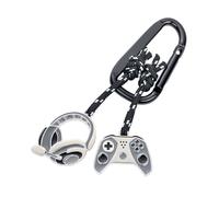 TROIKA Gaming Keyring with Carabiner Hook - 2 Pendants on Decorative Climbing Rope: Controller and Headset - Cast Metal - Chrome Plated - Grey, Black, Silver Original, gray, 10 x 5,8 x 0,7 cm