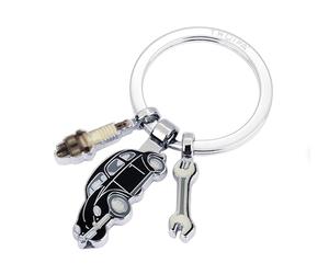 TROIKA Volkswagen Type 1 Key Fob with 3 Pendants Made of Enamel Spanner Spark Plug VW Beetle Key Ring Cast Metal Chrome Plated Black and Silver Original, Black / Silver, 6,7 x 4 x 0,5 cm
