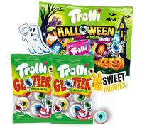 Trolli Glotzer & Halloween Sweet & Sour Bundle - 2x Glotzer Eyes + 1x Party Mix + Ghost Sticker + Sweet Buddies Label - Fruity Gummy Candy Set for Halloween Party Bags, Gifts & Trick or Treat