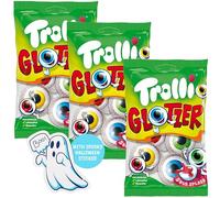 Trolli Glotzer Halloween Sweets - 3 Bags of 75 g with 4 Eyes Each (Total 12 Glotzers) - Lactose and Gluten Free, Includes Ghost Stickers - Perfect for School Cones, Pinatas and as Party Decoration