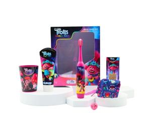 Trolls Kids Oral Care Kit Gift Set Contains Battery Powered Electric Toothbrush with Soft Bristles, Mint Flavour Toothpaste, Multi-Purpose Beaker, Headband and Glittering Finger Ring for Ages 4+